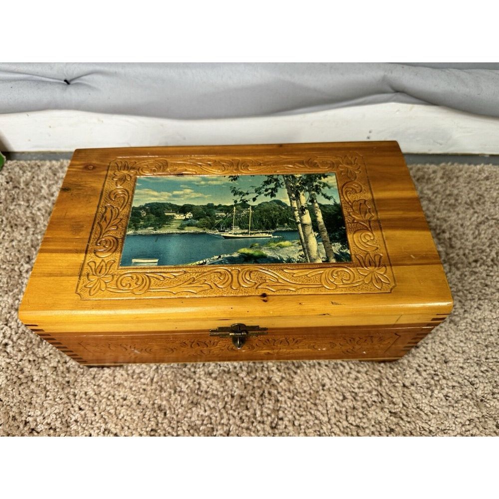 Vintage Cedar Wood Jewelry Box with Scenic Lake Print and Carved Floral Design